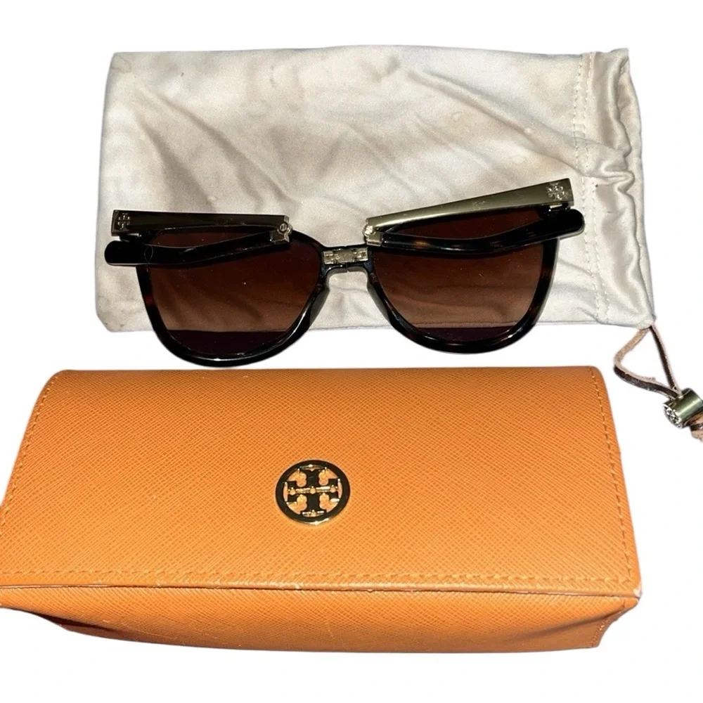 Tory Burch brown tortoise folding sunglasses with dark brown lens